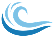 A blue wave logo on a black background.