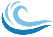 A blue wave logo on a black background.