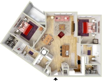 Floor Plan  4700 Colonnade apartments Birmingham Alabama two-bedroom floorplan in 3d Rendering