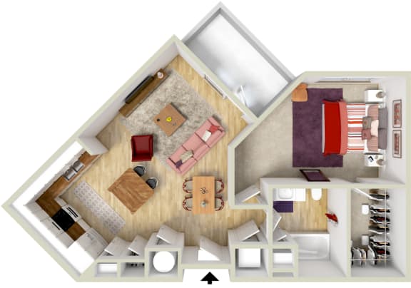4700 Colonnade Birmingham Alabama one-bedroom apartment floorplan in 3d Rendering