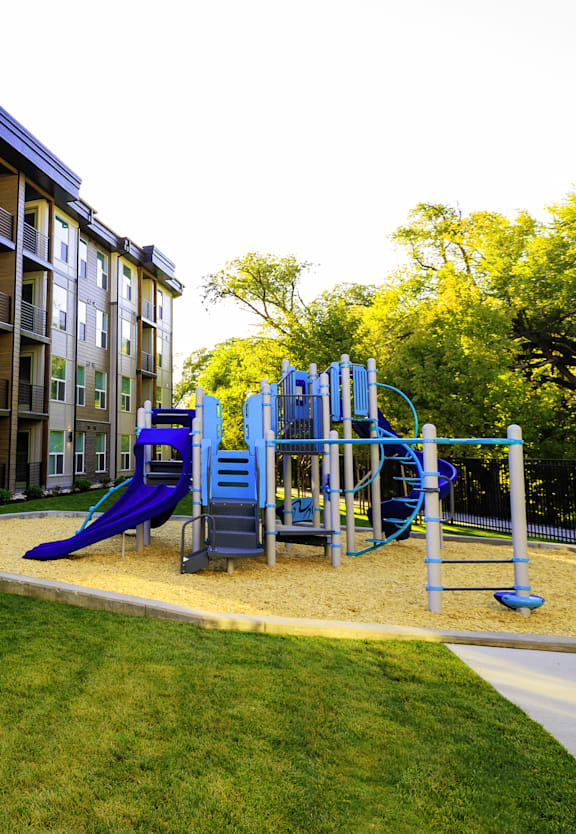 A playground with a blue slide and a climbing frame.