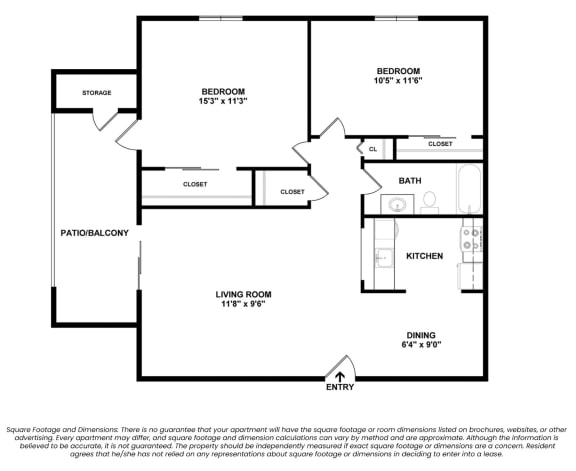Reveal Two Bed One Bath 2D Floor Plan