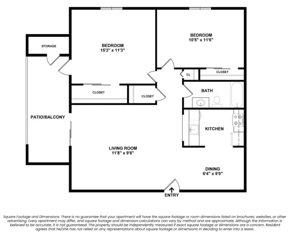 Reveal Two Bed One Bath 2D Floor Plan