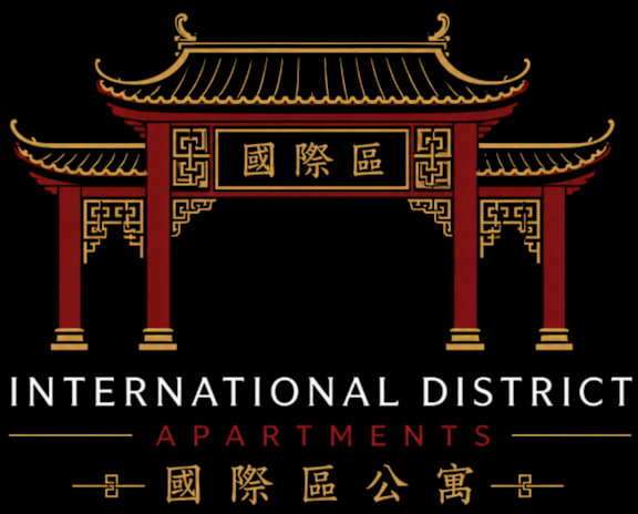 A logo for International District Apartments featuring a traditional Asian gate.