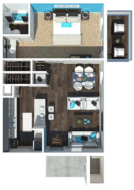 3-D rendering of a one-bedroom apartment at 701 South Apartments in Mobile, AL