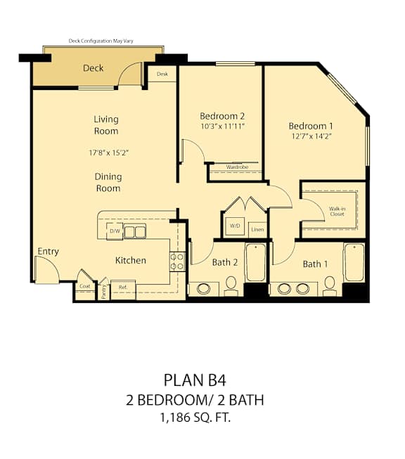 A floor plan of a small apartment with two bedrooms and two bathrooms.