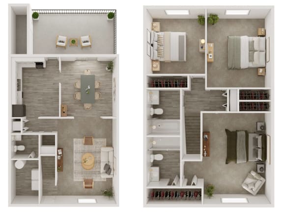 two views of a floor plan with bedrooms and a living room