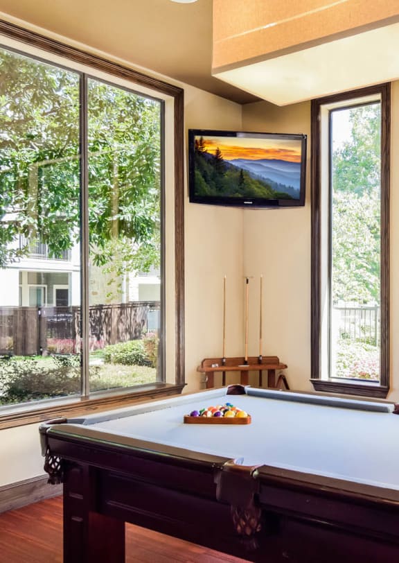 pool table near glass window