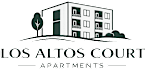 The image is a logo for Los Altos Court Apartments, featuring a stylized building and a tree.