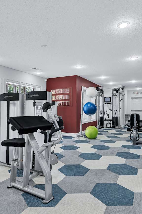 A gym with a variety of equipment including a weight bench, exercise ball, and treadmill.