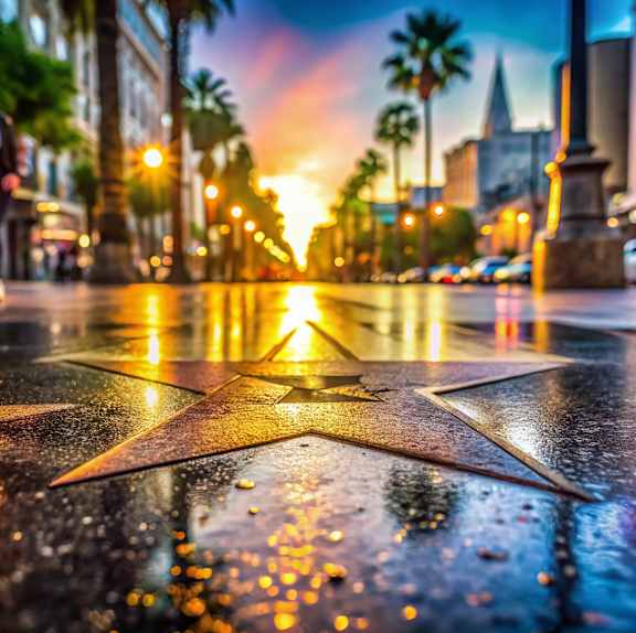 A woman is walking on a wet star-shaped road.