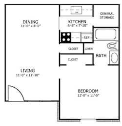 A floor plan of a small apartment with a living room, dining room, kitchen, bathroom, and bedroom.