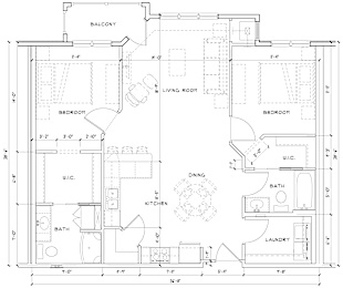A floor plan of a 2 bedroom, 2 bathroom total of 1070 square feet.