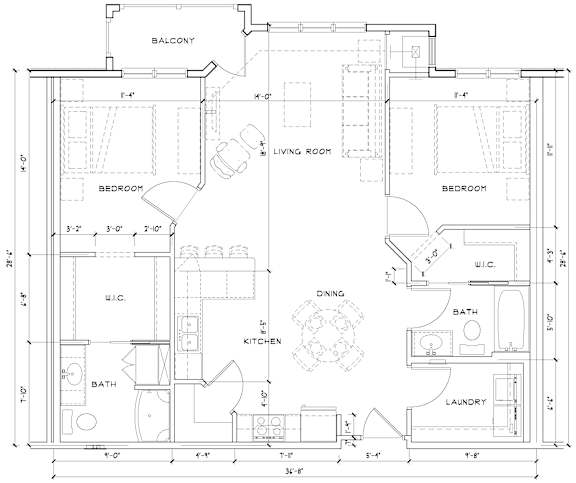 A floor plan of a 2 bedroom, 2 bathroom total of 1070 square feet.