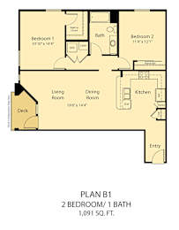 A floor plan of a small apartment with two bedrooms and a living room.