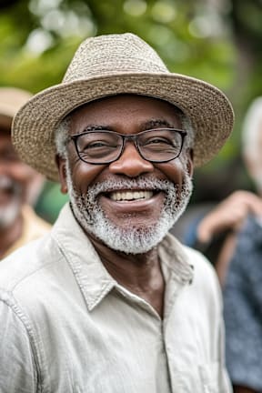 A man in a straw hat and glasses smiles at the camera.