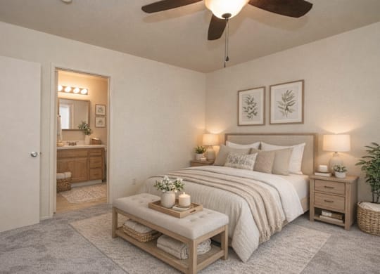 Master bedroom with ensuite bathroom and neutral decor at Castle Vista Senior Duplex Community Apartments, California