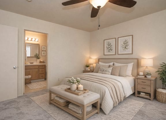 Master bedroom with ensuite bathroom and neutral decor at Castle Vista Senior Duplex Community Apartments, California