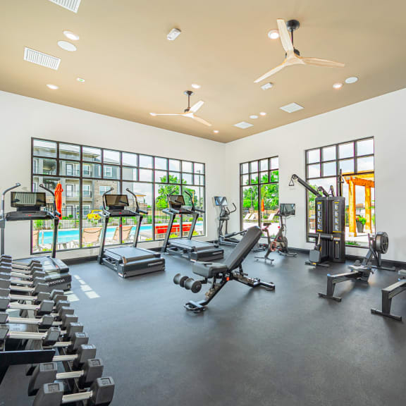 the gym has plenty of cardio equipment and windows