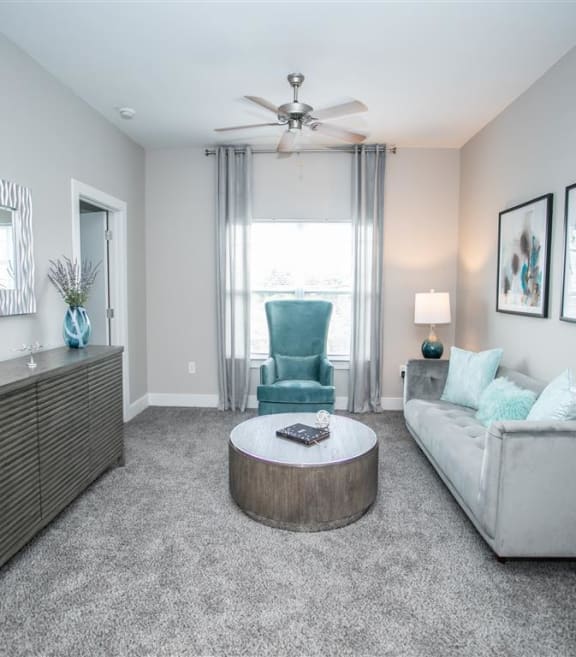 a living room with a couch and a coffee table