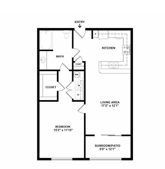 A floor plan of a home with a living area, kitchen, bathroom, and bedroom.