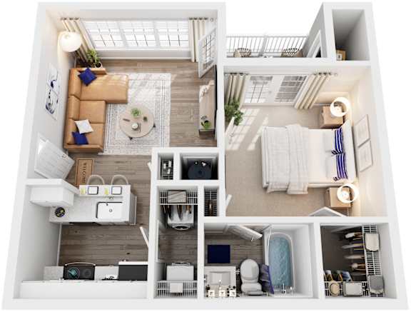 A 3D floor plan of a house with a kitchen, living room, and bathroom.