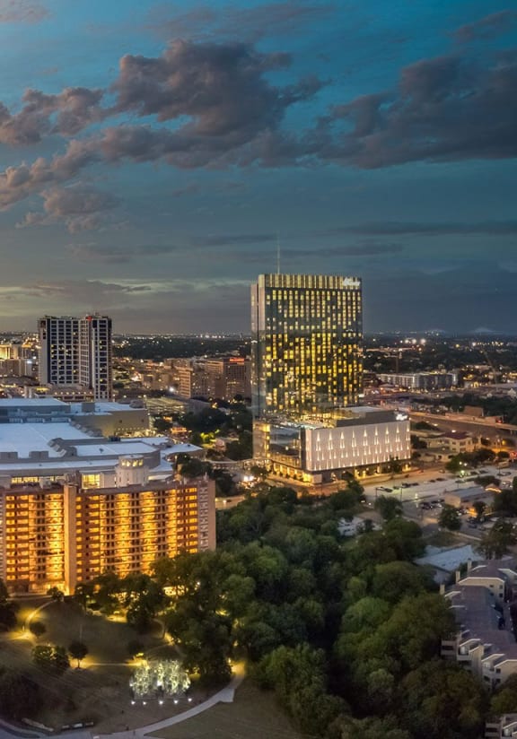 a aerial view of the city at sunset