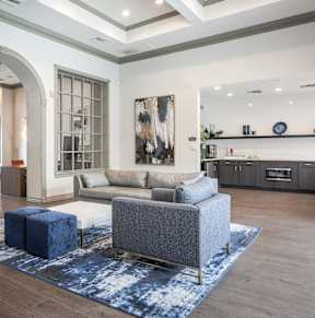 A spacious living room with a grey sofa and a blue rug.