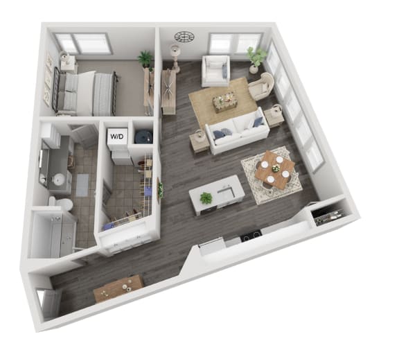 a stylized floor plan with a bedroom and living room