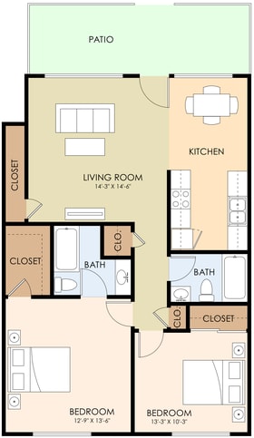 A floor plan of a Blackford Oaks unit showing a living room, kitchen, and two bedrooms.