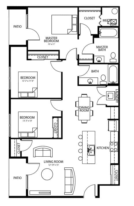 D3 3Bed 2Bath at Melbourne Apartments, Iowa, 50320