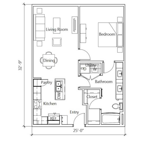 A floor plan for a home with a living room, dining room, kitchen, bathroom, and bedroom.
