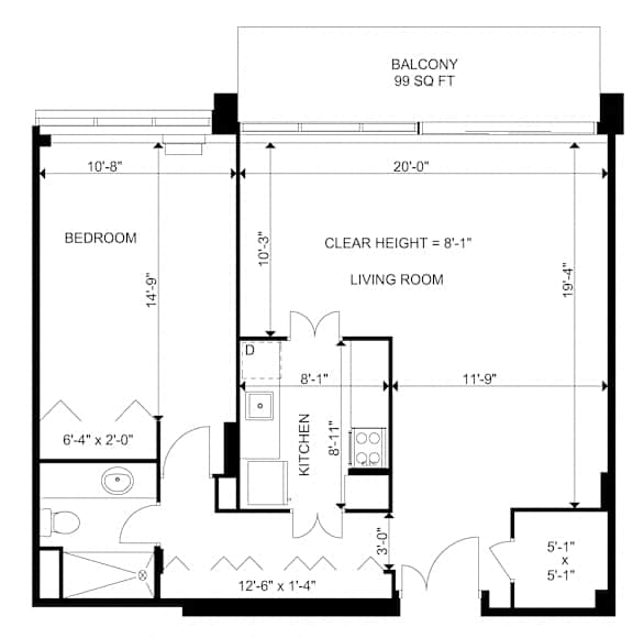 One Bedroom, Center Kitchen