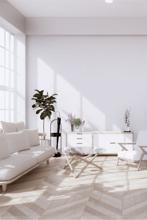 A white living room with a large window and a white sofa.at The Ridge, Cincinnati, OH 45202