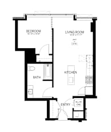 A black and white image of a floor plan for a one bedroom apartment.