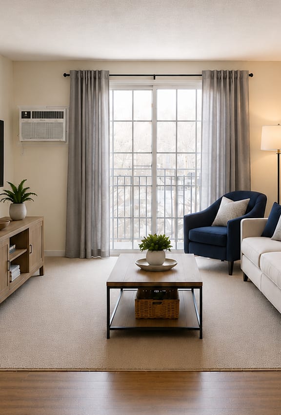 A living room with a blue chair and a white couch.