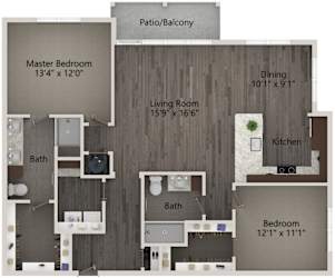 A floor plan of an apartment with a master bedroom, living room, dining room, kitchen, and two bathrooms.