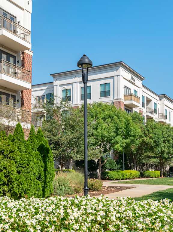 A street lamp stands in front of a building with a white flower bed in the foreground.