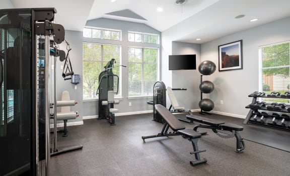 a gym with a large window and weights machines and a tv