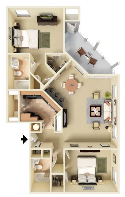 Furnished 3D floor plan of the St. Marks two-bedroom, two-bathroom apartment at Providence at Palm Harbor, staged to illustrate furniture placement throughout the living, dining, and bedroom spaces.