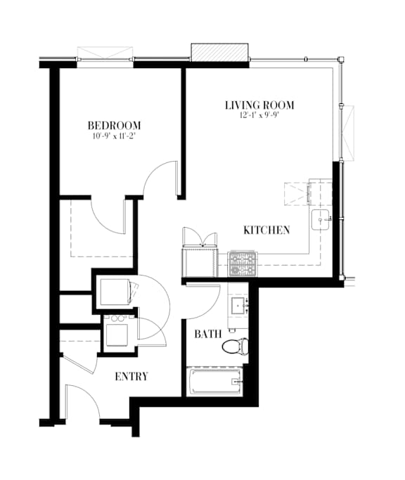A black and white image of a floor plan for a unit called E.