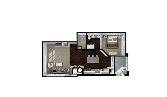 A pixelated image of a room with a bed, desk, and chair.
