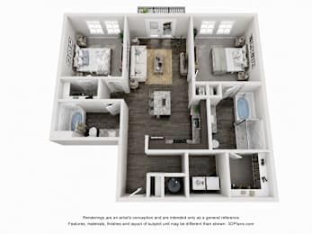 A 3D floor plan of a house with two bedrooms, a living room, a kitchen, and a bathroom.