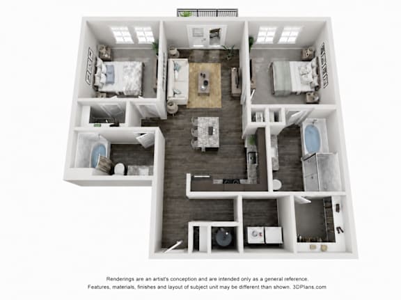 A 3D floor plan of a house with two bedrooms, a living room, a kitchen, and a bathroom.