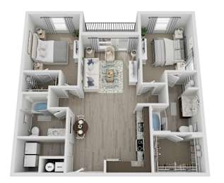 A floor plan of a house with a living room, kitchen, and two bedrooms.