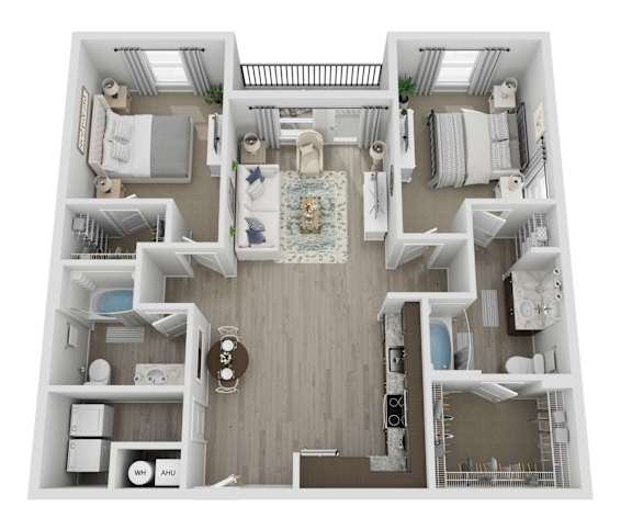 A floor plan of a house with a living room, kitchen, and two bedrooms.