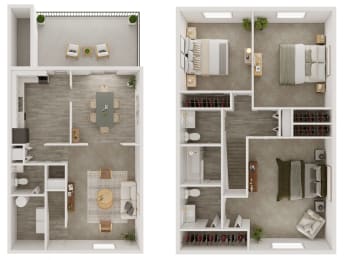 two views of a floor plan with bedrooms and a living room