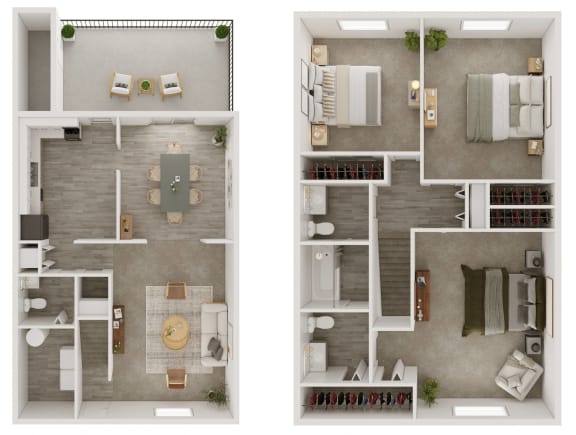 two views of a floor plan with bedrooms and a living room