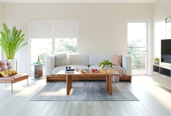 A living room with a white couch, a wooden coffee table, and a potted plant.