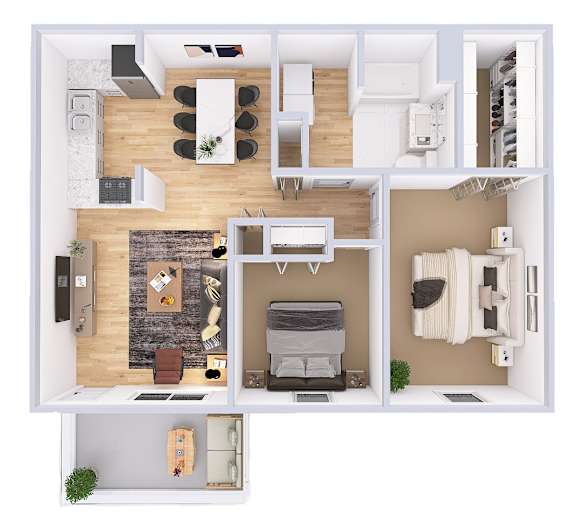 A top-down view of a house layout with a kitchen, living room, dining area, and bedrooms.